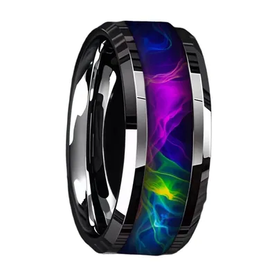 Anillo con incrustación de Nebulosa multicolor y bordes biselados, Acero Inoxidable