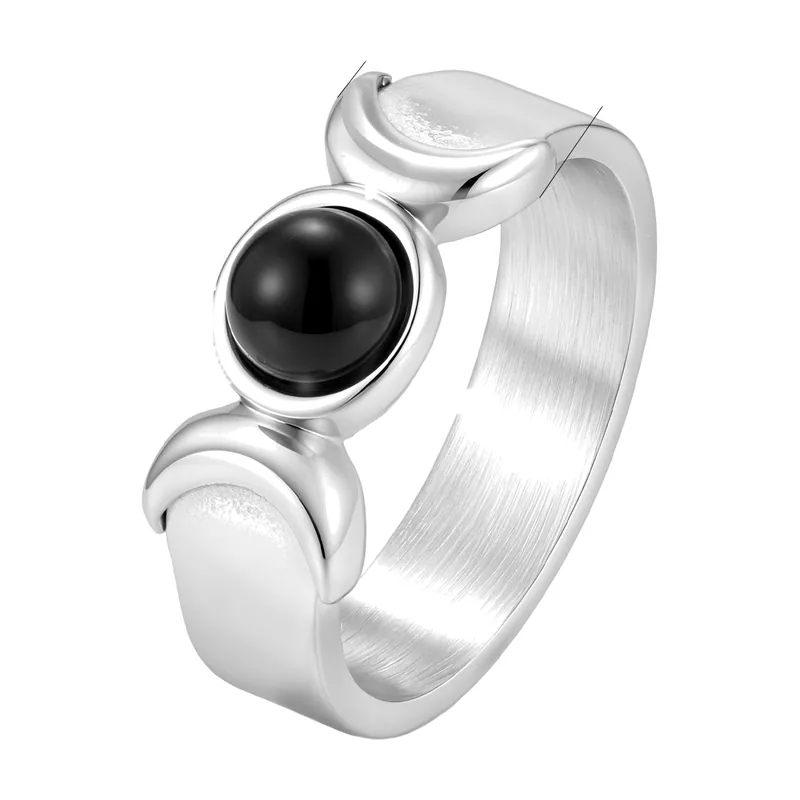 Triple Moon Ring with Black Stone, Stainless Steel
