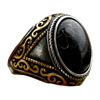 Anillo Sello con Piedra Negra y Filigrana, Acero Inoxidable