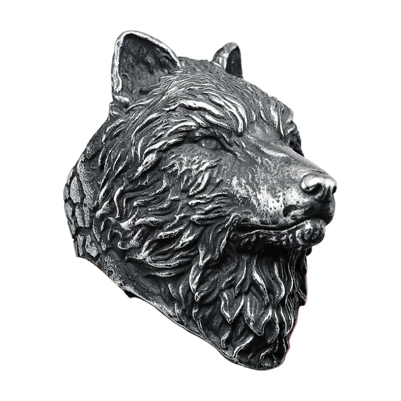 Wolf Kopf Siegelring, Edelstahl Antik-Finish