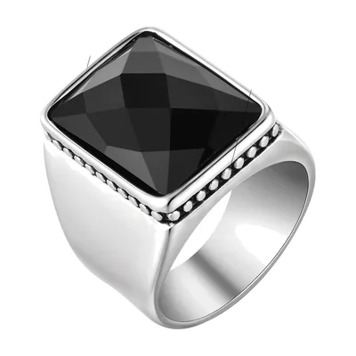 Anillo Sello Cuadrado con Zirconia Negra, Acero Inoxidable