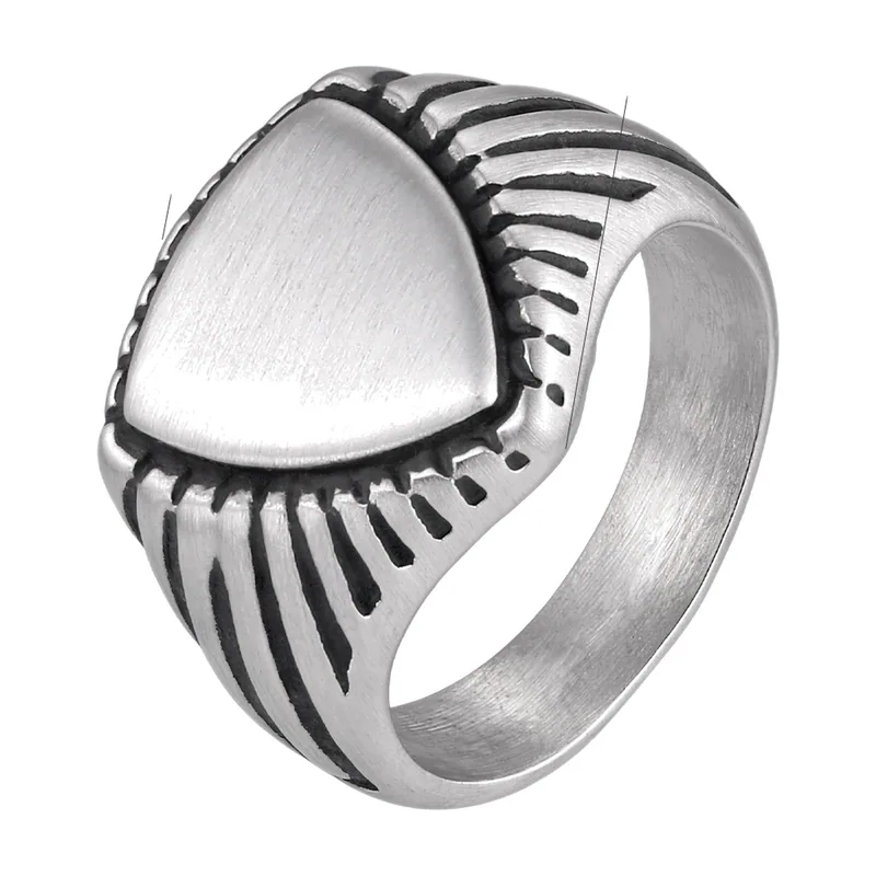 Triangular Signet Ring with Sunburst Detail, Stainless Steel