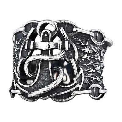 Anillo Sello Vikingo de Ancla y Cadena, Acero Inoxidable