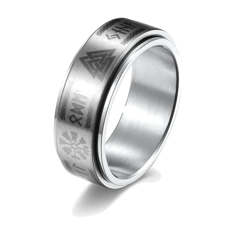 Bague Rotative Viking avec Runes et Valknut, Acier Inoxydable
