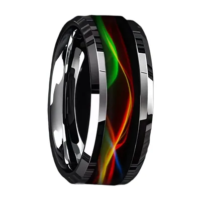 Anillo de Banda con Incrustación Multicolor y Bordes Biselados, Acero Inoxidable