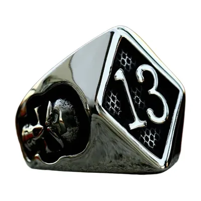 Anillo Sello Cuadrado con Calavera y Número 13, Acero Inoxidable