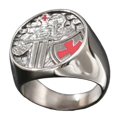 Anillo Sello Caballero Templario con Cruz Roja, Acero Inoxidable