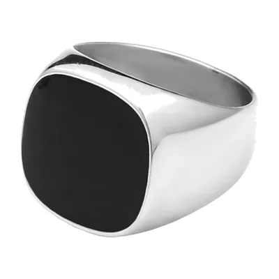 Anillo Sello Cuadrado con Piedra Negra, Acero Inoxidable