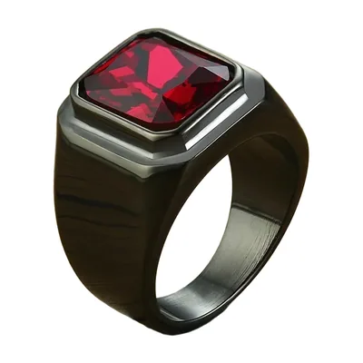 Anello Sigillo Quadrato con Pietra Rossa, Acciaio Inossidabile Nero