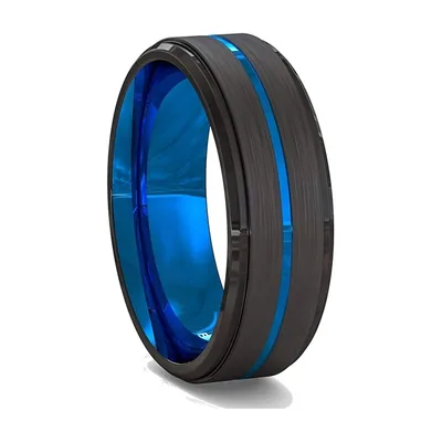 Herren Ring mit blauer Einlage und abgeschrägten Kanten, Edelstahl