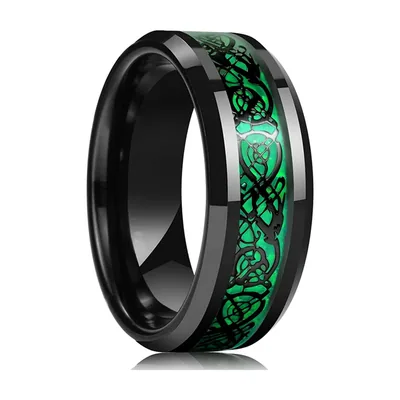 Schwarzer Herrenring mit grünem Ornament-Inlay, Edelstahl