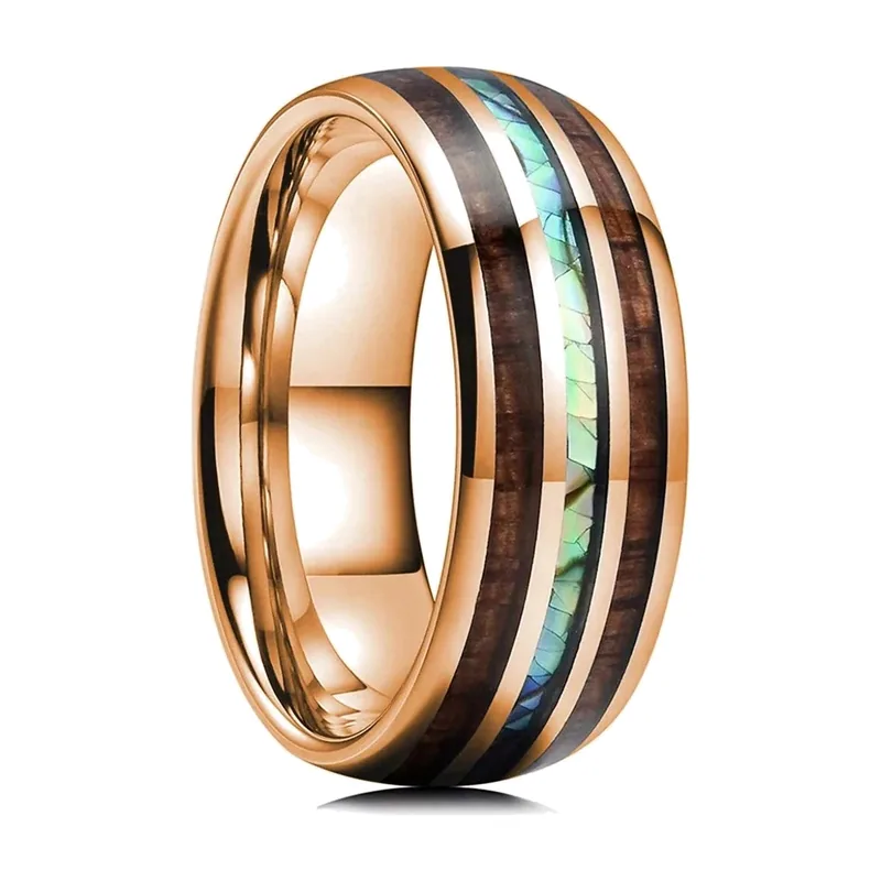 Herrenring mit Pfeil-Motiv, Holz- und Abalone-Inlay, Edelstahl