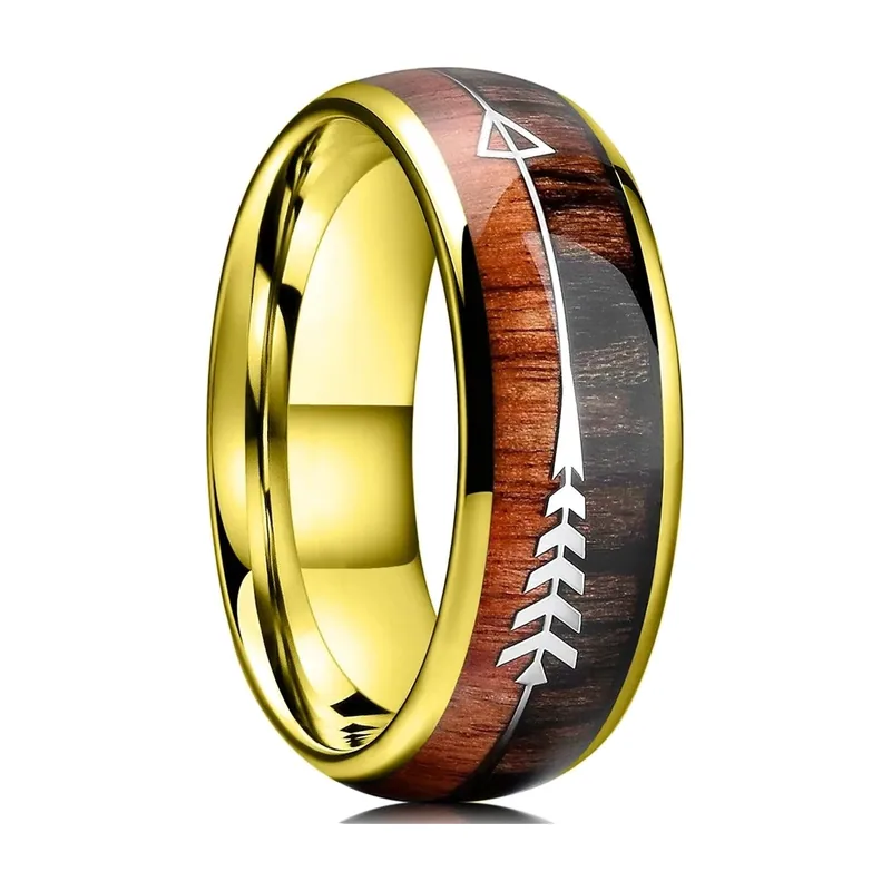 Anello con Motivo a Freccia e Intarsio in Legno, Acciaio Inossidabile