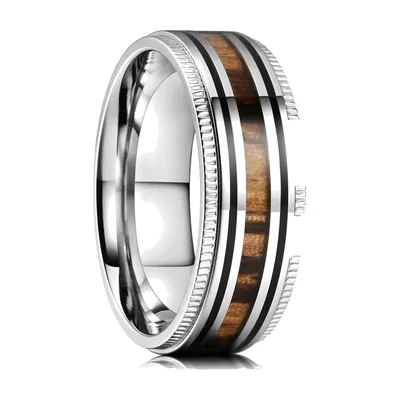Edelstahlring mit Hawaiian Koa Holz-Inlay für Herren