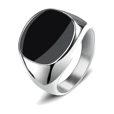 Anello Sigillo Quadrato con Pietra Nera, Acciaio Inossidabile