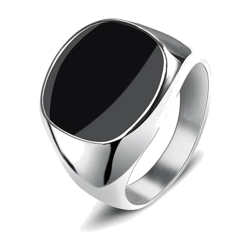 Anello Sigillo Quadrato con Pietra Nera, Acciaio Inossidabile