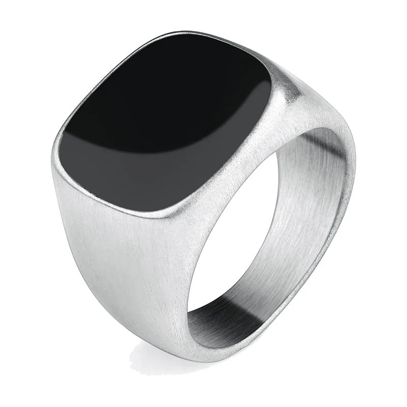 Square Signet Ring with Black Stone, Brushed Stainless Steel