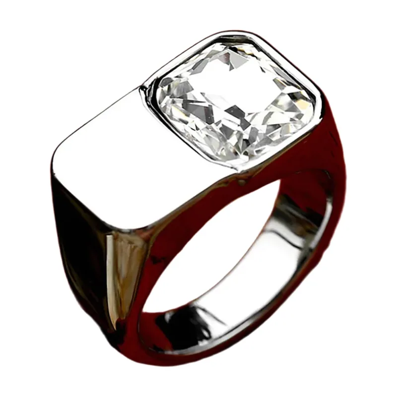 Square Signet Ring with Cubic Zirconia, Polished Stainless Steel