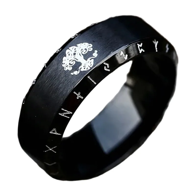 Wikinger Ring Yggdrasil Lebensbaum mit Runen, Edelstahl