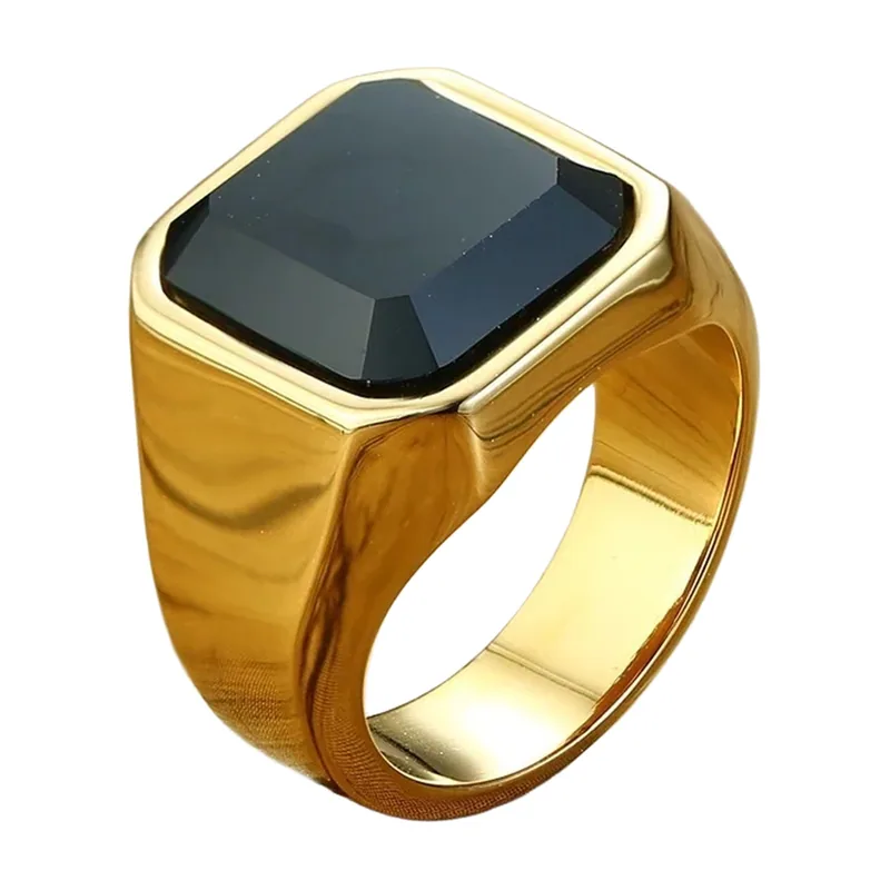 Anello Sigillo Quadrato con Zirconia Nero, Acciaio Inossidabile