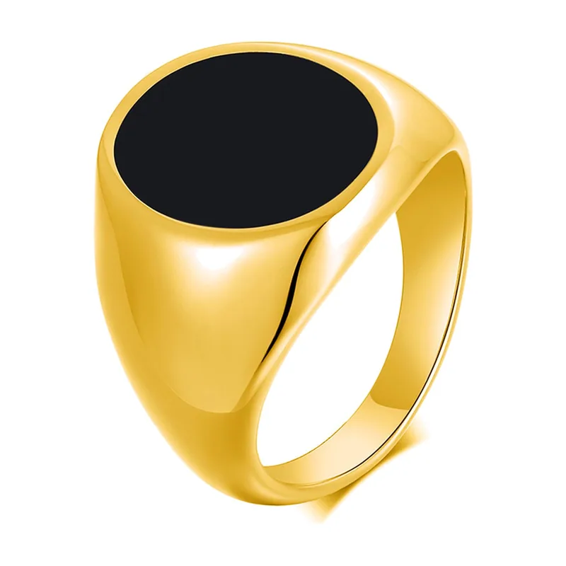Oval Signet Ring with Black Stone, Stainless Steel