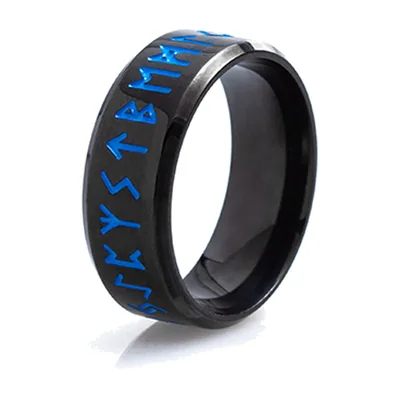 Odin Wikinger Runenring mit blauen Gravuren, Edelstahl