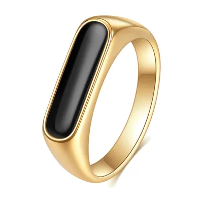 Anello Sigillo Rettangolare con Pietra Nera, Acciaio Inossidabile