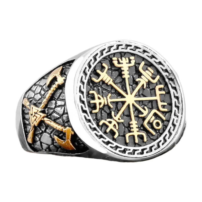 Vegvisir Wikinger Kompass Siegelring mit Runen, Edelstahl
