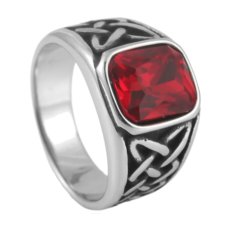 Chevalière Nœud Viking avec Pierre Rouge, Acier Inoxydable