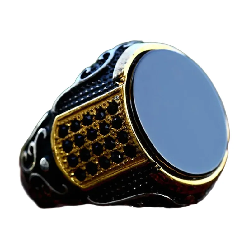 Bague Chevalière avec Pierre Noire et Zirconium, Acier Inoxydable