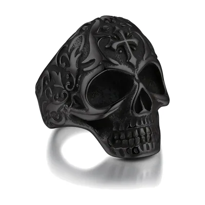 Totenkopf-Ring mit gotischem Kreuz und Blumengravur, Edelstahl