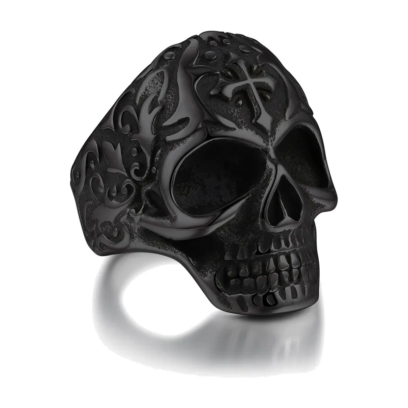 Totenkopf-Ring mit gotischem Kreuz und Blumengravur, Edelstahl
