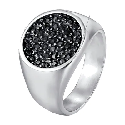 Anello Sigillo Quadrato con Zirconia Nera, Acciaio Inossidabile