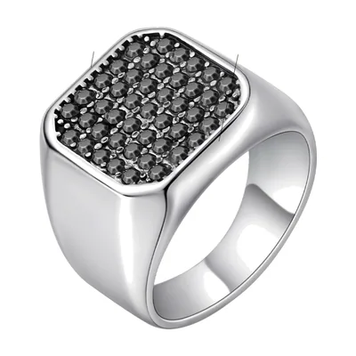 Anello Sigillo Quadrato con Zircone Nero, Acciaio Inossidabile