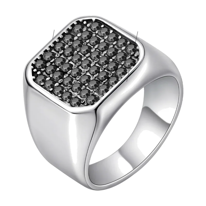 Anillo Sello Cuadrado con Circonita Negra, Acero Inoxidable