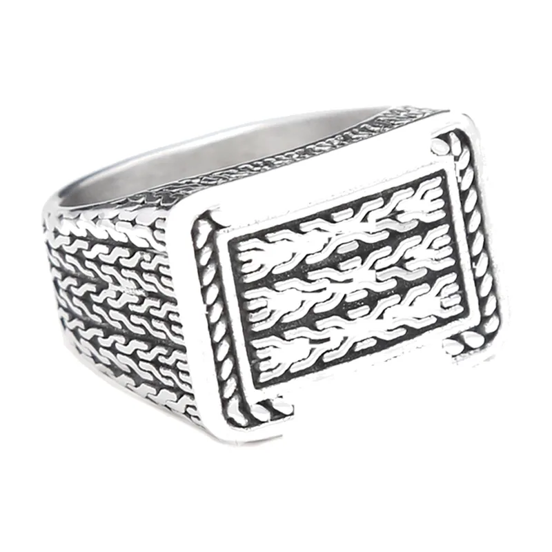 Rectangular Signet Ring with Woven Pattern, Stainless Steel