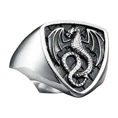 Herren Siegelring mit Drachen-Schild, Edelstahl 316L