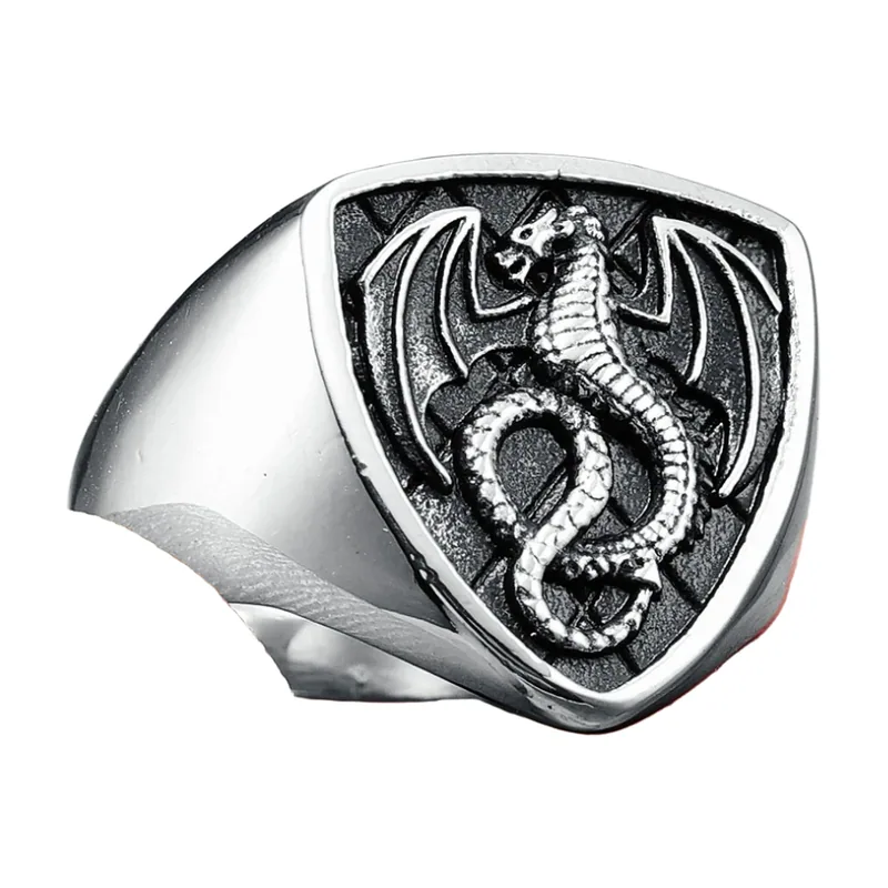 Anillo Sello Escudo de Dragón, Acero Inoxidable 316L