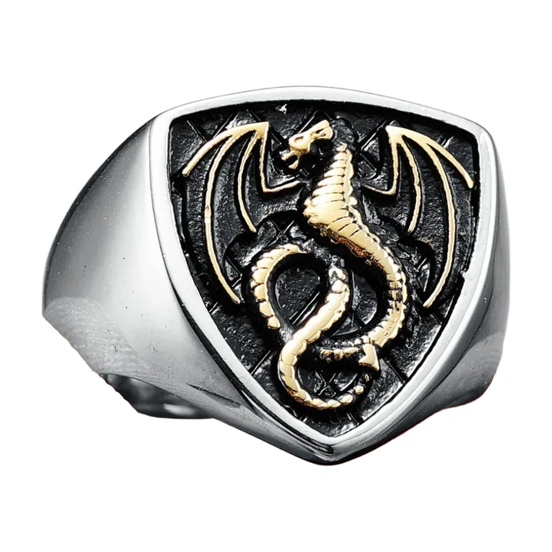 Drachen-Schild Siegelring für Herren, Edelstahl 316L