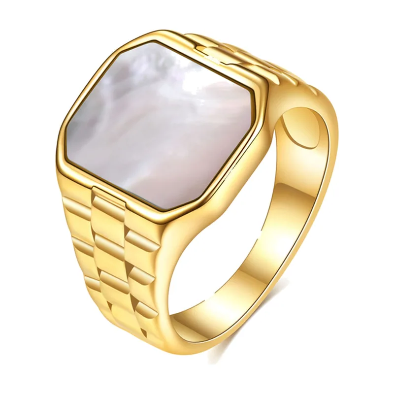 Anillo Sello Cuadrado con Piedra Estilo Madreperla, Acero Inoxidable