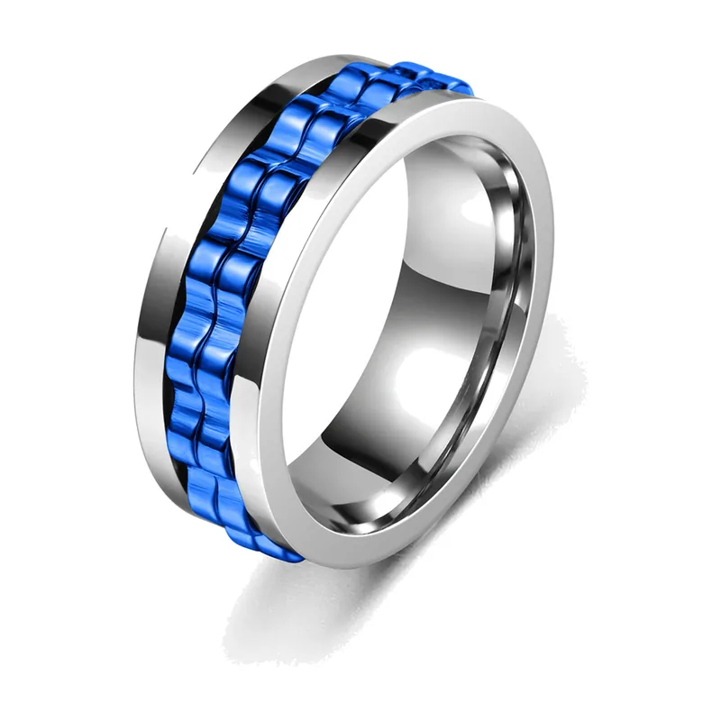 Anello spinner con fascia blu a onde, acciaio inossidabile