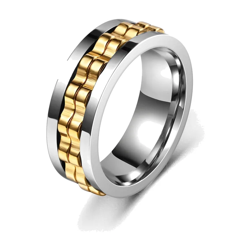 Anillo spinner con detalle de cadena dorada, acero inoxidable