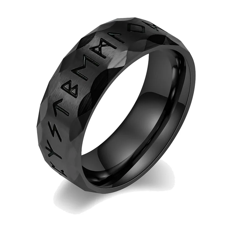 Bague Runes Odin Viking à Texture Martelée, Acier Inoxydable Noir