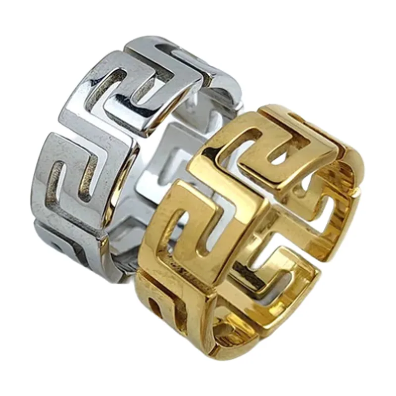 Great Wall Geometric Pattern Band Ring, Stainless Steel