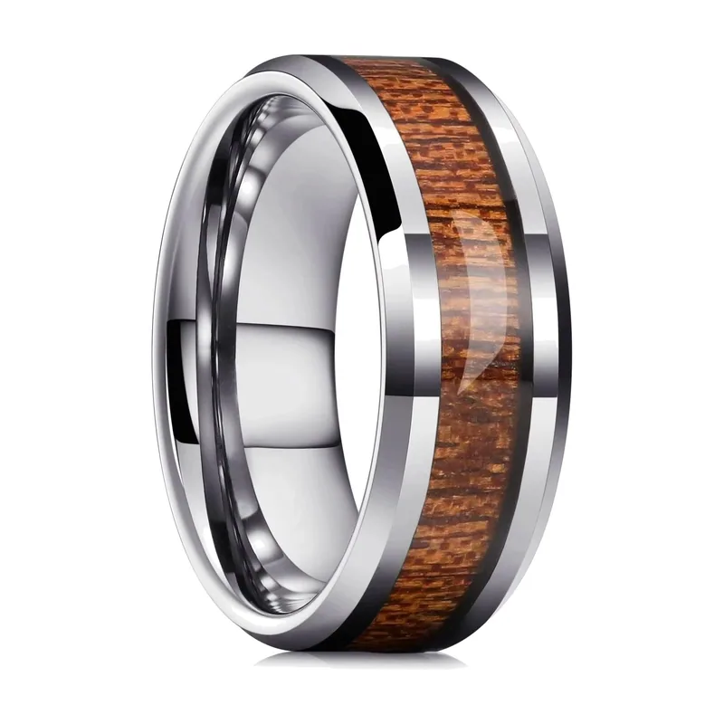 8mm Band Ring with Koa Wood Inlay, Stainless Steel
