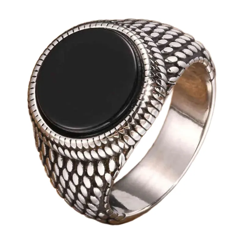 Dragon Scale Signet Ring with Black Stone, Stainless Steel