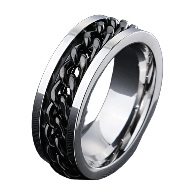 Herren Ring mit Ketten-Motiv aus 316L Edelstahl, Silber-Schwarz
