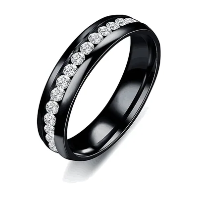 Anello a Fascia Nero con Zirconia Trasparenti, Acciaio Inossidabile