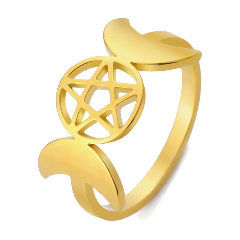 Anillo de Pentagrama y Triple Luna, Acero Inoxidable