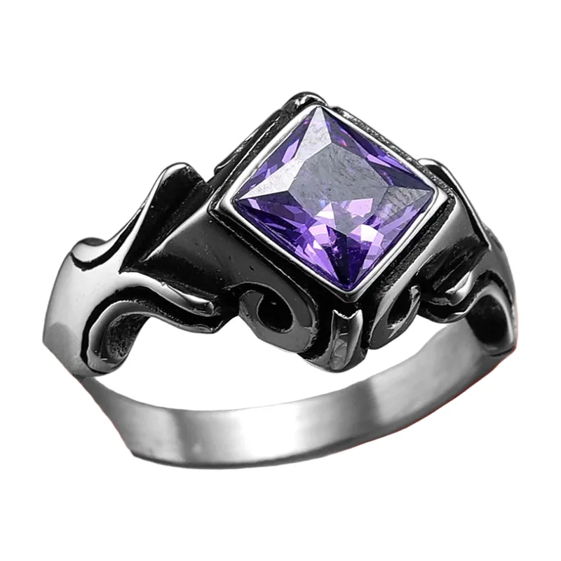Square Signet Ring with Purple Stone, Stainless Steel